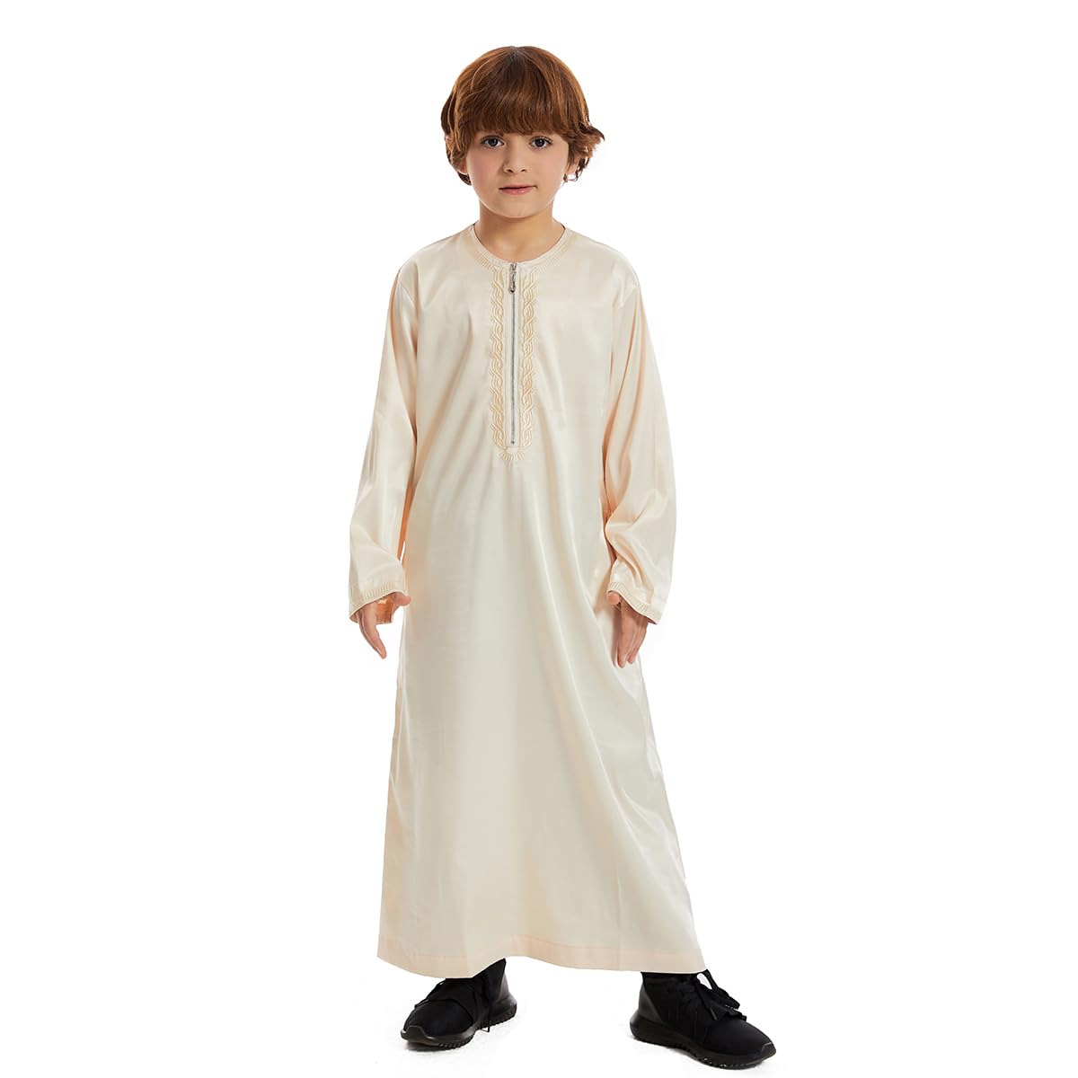 IDOPIP Muslim Thobe for Boys Islamic Clothes Ramadan Kaftan Robe for Kids Boys Long Sleeve Arabic Thobe Zipper Embroidered Abaya Middle East Dubai Thobes Prayer Clothes with Pockets Beige 4-5 Years