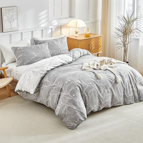 Image of Lekesky Duvet Cover Queen Size with Fitted Sheet - 4 Pieces Printed Soft Bedding Set, Includes 1 Duvet Cover 90x90 Inches with Zipper Closure & 8 Ties, 2 Pillow Cases, 1 Fitted Sheet, Grey Leaves