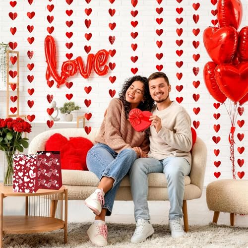Image of Red Heart Garland Valentines Day Party Decoration Love Streamer -39Ft Glitter Bunting Banner for Wedding Engagement Anniversary Mother's Day Bridal Shower Party Supplies