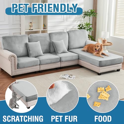Image of Couch Cover Stretch Velvet Sofa Cushion Cover 2-Piece - Elastic Washable Slipcover for Seat /Backrest, Couch Seat Covers for Sofas (Light Grey)