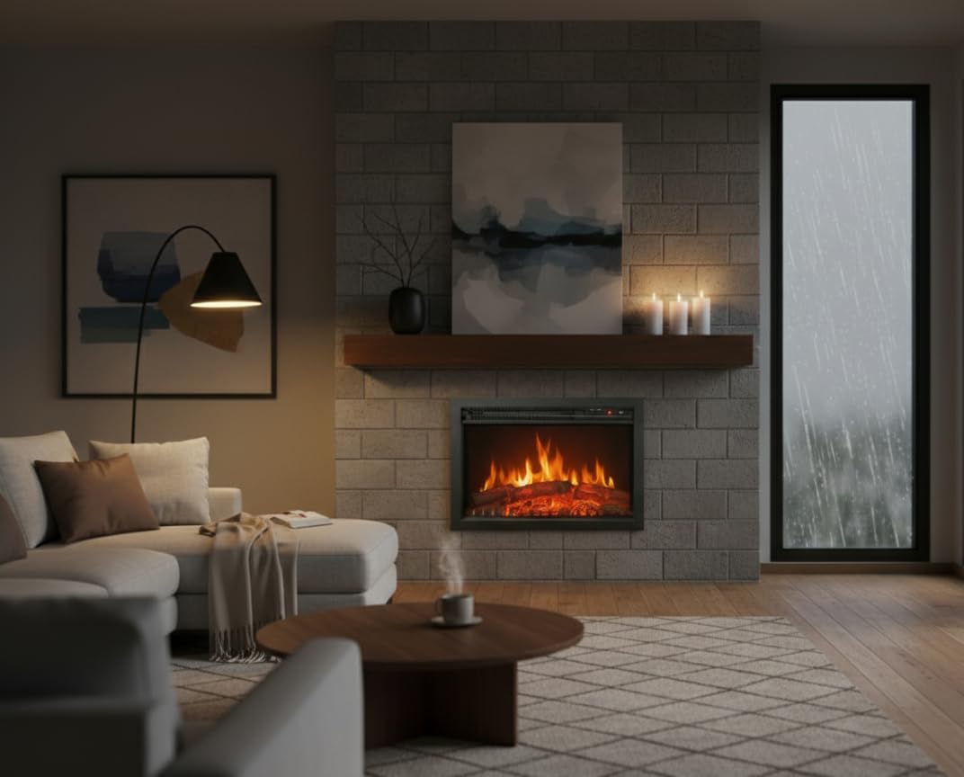 CHEMIN'ARTE Chimenea eléctrica empotrable Oxford con Efecto de Llama Leds - Chimenea eléctrica con calefacción – Inserto de Chimenea - Mando a Distancia - 61x20x45cm