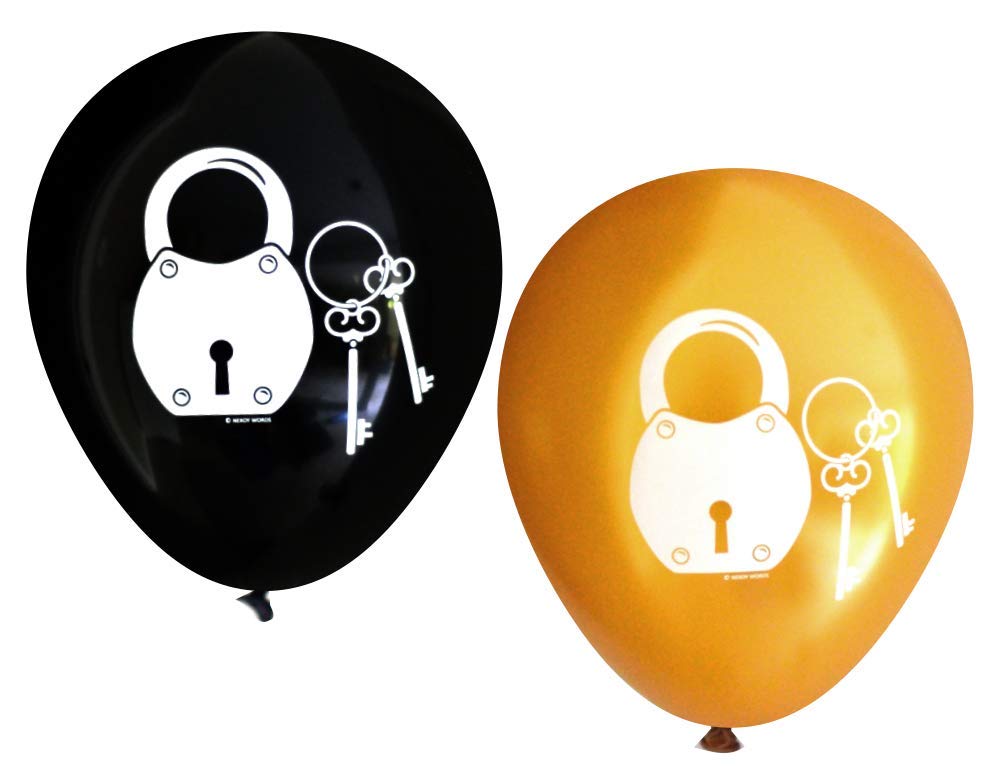 Nerdy WordsPadlock and Key Latex Balloons (16 pcs) Pirate Escape Room Decorations (Black & Gold)