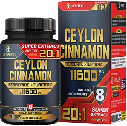 8in1 Ceylon Cinnamon Supplement Extract, Equivalent to 11600mg - Blended Berberine, Turmeric, Ginger, Gymnema Sylvestre & More - 180 Capsules for 3 Months - Heart Health, Brain & Immune Support
