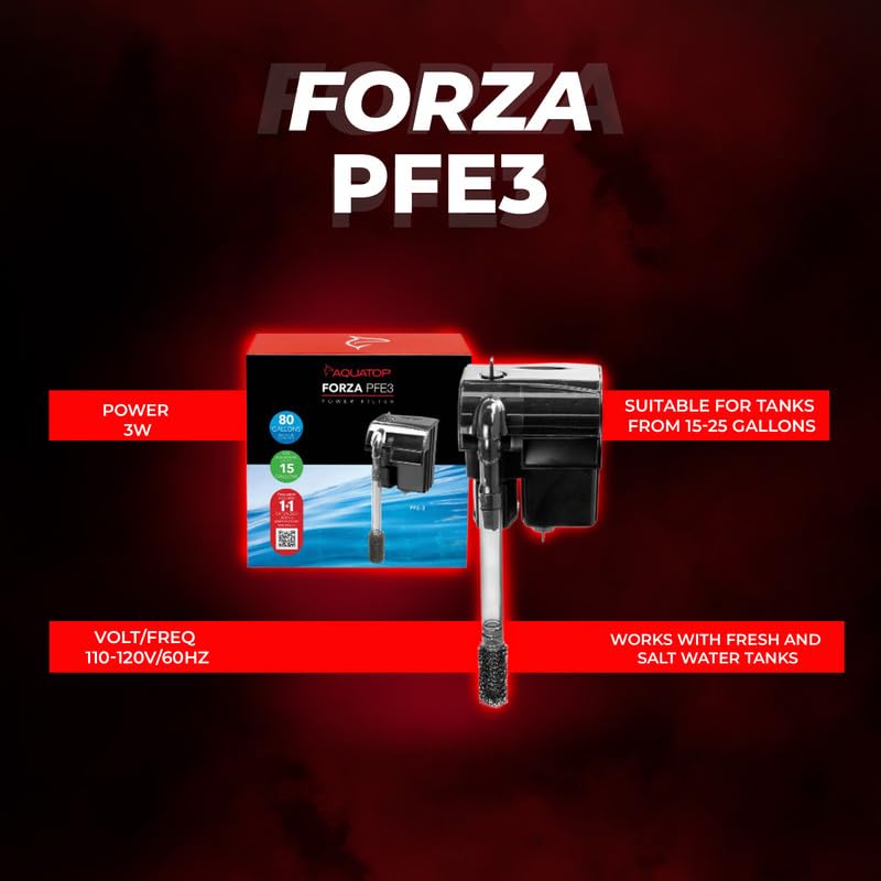 Image of Aquatop Forza 80 GPH Power Filter for Aquariums -15-25 Gal Freshwater & Saltwater - Advanced Filtration Design - Keeps Water Crystal Clear - PFE-3