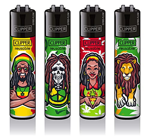 Set of 4 Clipper Lighters with Weed Motif: Rasta #2