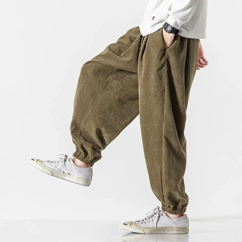 Autumn Winter Pants for Men Japanese Warm Thicken Corduroy Pants Drawstring Cargo Loose Trousers3