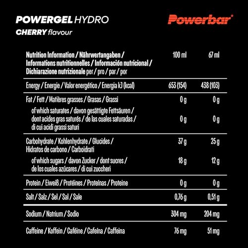 Powerbar - PowerGel Hydro - Cherry - 24x67ml - High Carb Energie Gel - Natrium - 51mg Koffein