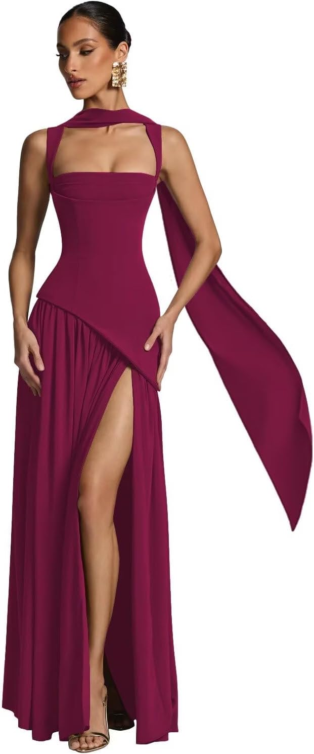 Chiffon Bridesmaid Dress with Scarf 2025 A-line Square Neck Side Slit Pleated Long Formal Dress NT01