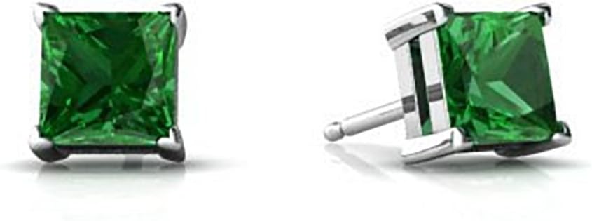 Solitaire Stud Post Earring Princess Cut Square Simulated Green Emerald 925 Sterling Silver