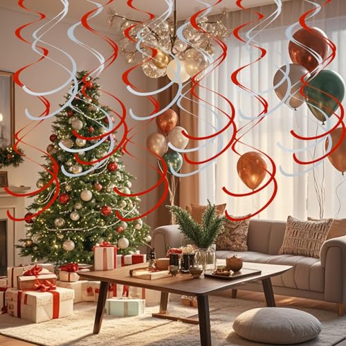 Image of Colorful Ceiling Swirl Foil Decorations Hanging Plastic Streamer Themed Swirl Party for Christmas Graduation Celebration, Pack of 28 (Red and Sliver)