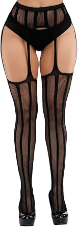 E-Laurels Womens High Waist Patterned Fishnet Tights Suspenders Pantyhose Thigh High Stockings Black