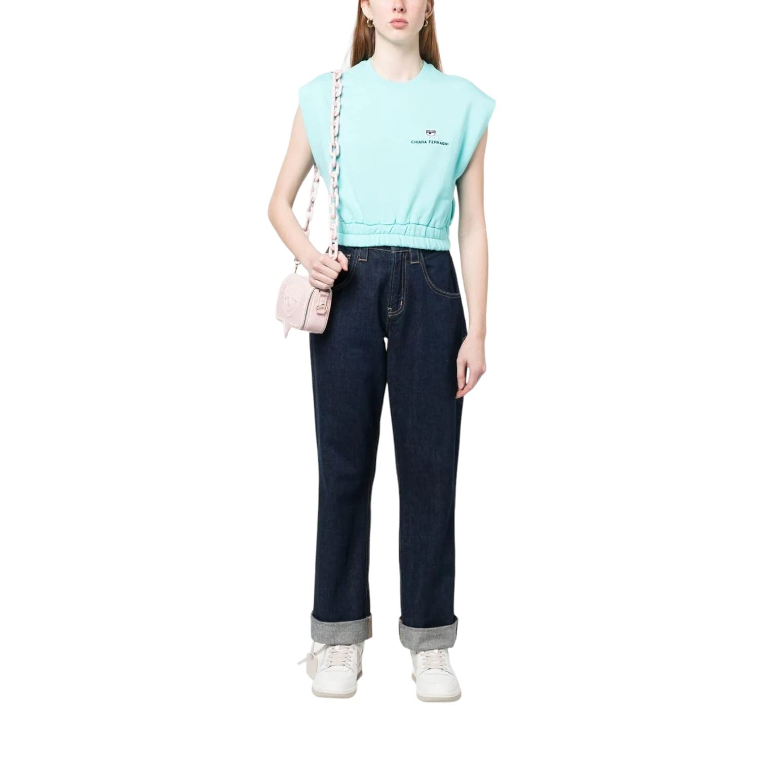 Chiara Ferragni T-Shirt Senza Maniche da Donna Marchio, Modello Logo Classic 74CBHT05CFT03, Realizzato in Cotone. S Turchese