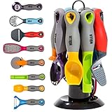HULLR 9-Piece Kitchen Gadgets Tools Set, Pizza Cutter, Apple Corer, Vegetable Peeler, Multifunctional Bottle Opener, Cheese Slicer, Grater, Scoop, Slicer, with Rotating Stand