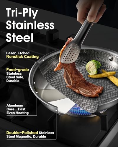 Image of USELUCK Hybrid Non Stick Frying Pans with Lid,8 /10 /12 inch Frying Pan Set | Stainless Steel Skillet with Honeycomb Surface,Oven-Safe,PFAS-Free,Compatible with All Cooktops.