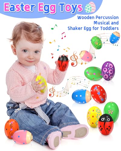 Image of 9 Pack Wooden Percussion Musical Shaker Prefilled Easter Eggs with Toys Inside Filled, Toddlers Easter Basket Stuffers Egg Fillers Montessori Toys Gifts for Kids Boys Girls Babies