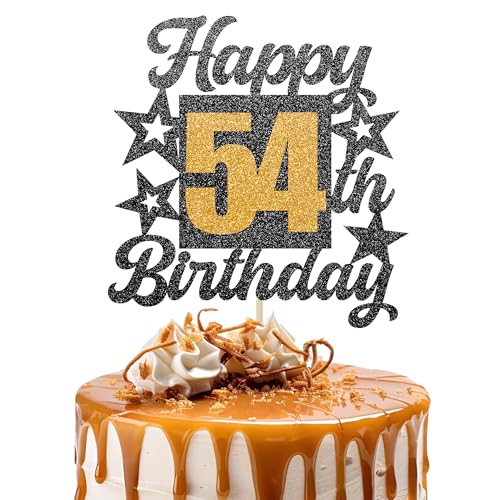 Happy 54th Birthday Cake Topper - Cheers to 54 Years Black Gold Glitter - 54 & Fabulous Cake Decoration - Kids Birthday Cake Topper for Girls or Boys - Party Supplies