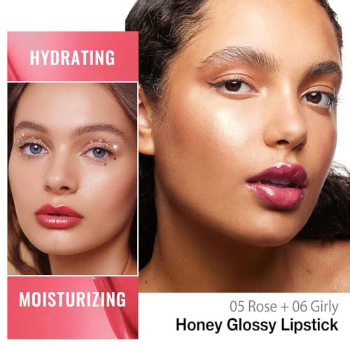 Image of Honey Lipstick Tinted Lip Balm - Shine Moisturizing Lipstick for Women, Natural Nourishing Hydrating Lip Gloss Stain for Dry Lips, Tint Sheer Lightweight Makeup, Vegan - 2Pc Rose & Girly