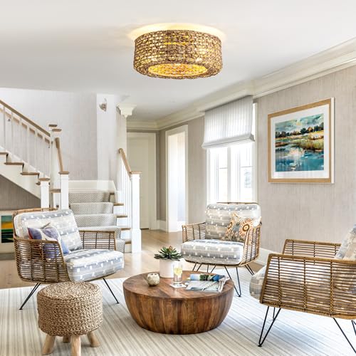 Jughtbo 0139-4H Handwoven Rattan Boho Ceiling Fans with Lights Remote Control Flush Mount Fandelier Low Profile Caged for Bedroom,4-Light,20" - Image 9