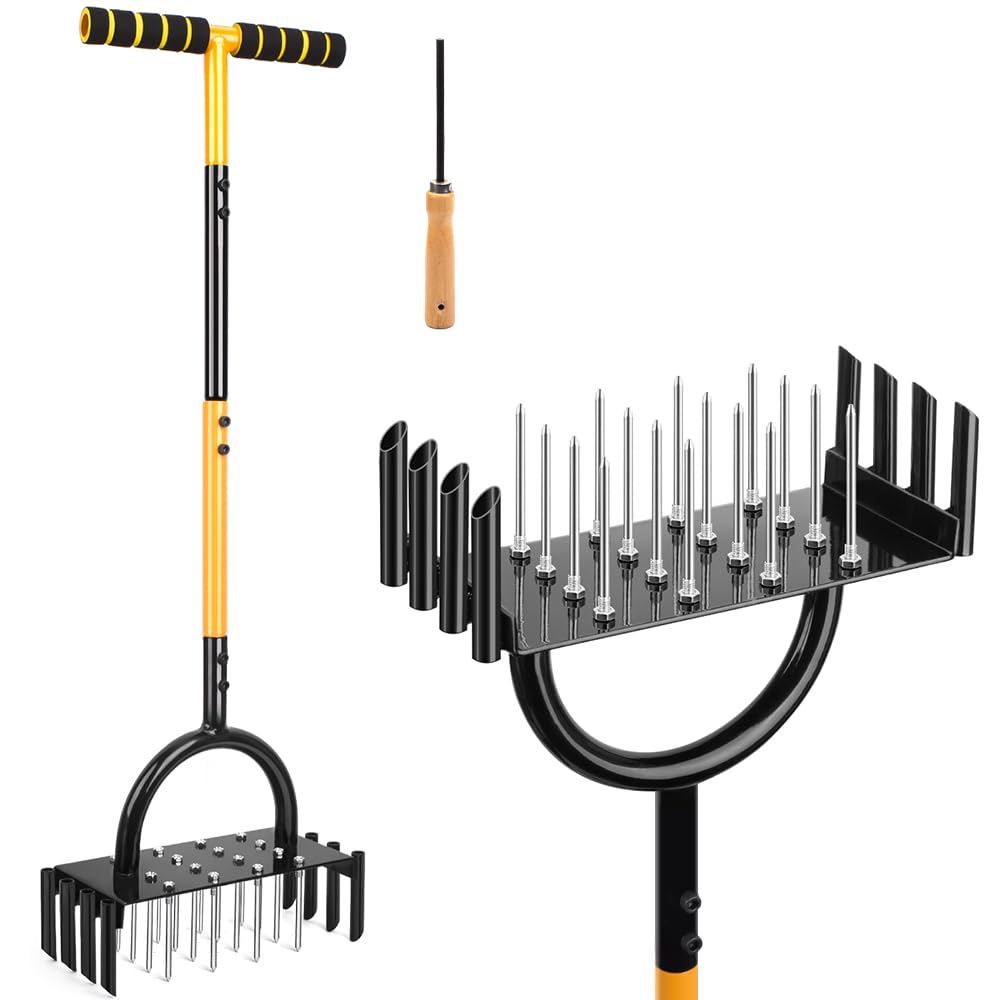2-in-1 Rasenlüfter und Aerifizierer für Rasen mit 16 Nägeln und 8 hohlen Schlitzen, T-Griff, Rasenbelüfter für Garten
