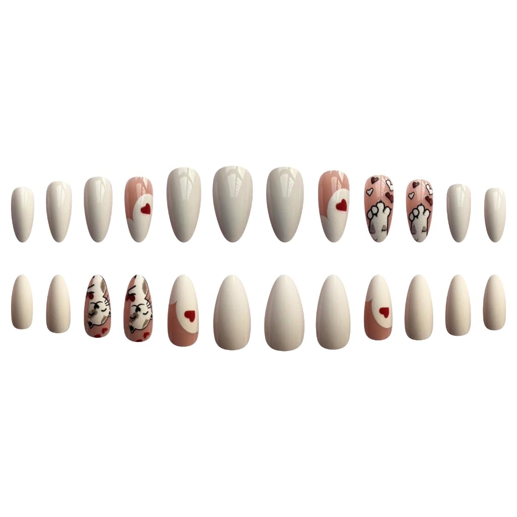 Lovely Cats Glossy False Nails White Almond Shape Full Covers Stick on Nails Heart Acrylic Nails