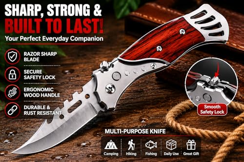 Image of Kitchen Utility Folding Knife with Stainless Steel Blade and Wooden Handle - Portable Fruit and Vegetable Cutter with Multi Purpose Pocket Design for Outdoor, Camping and Kitchen Use