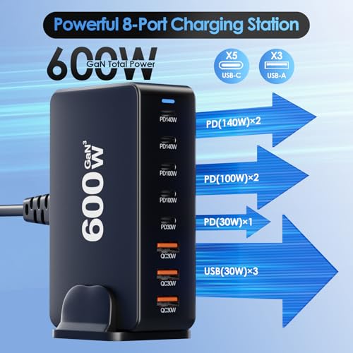 Image of 600W USB C Fast Charger Block, 8 Port Charging Station, GaN Ⅲ Multi Port Charging Station Hub for Multiple Devices, Multiport USB Charger Station Compatible with MacBook iPhone iPad Dell