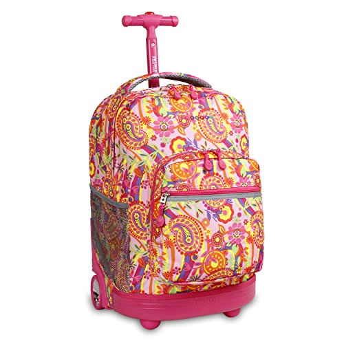 Image of J World Sunrise Kids Rolling Backpack with Wheels for Girls Boys, Roller Bookbag for School, 18 x 13 x 9 Inches, Pink Paisley