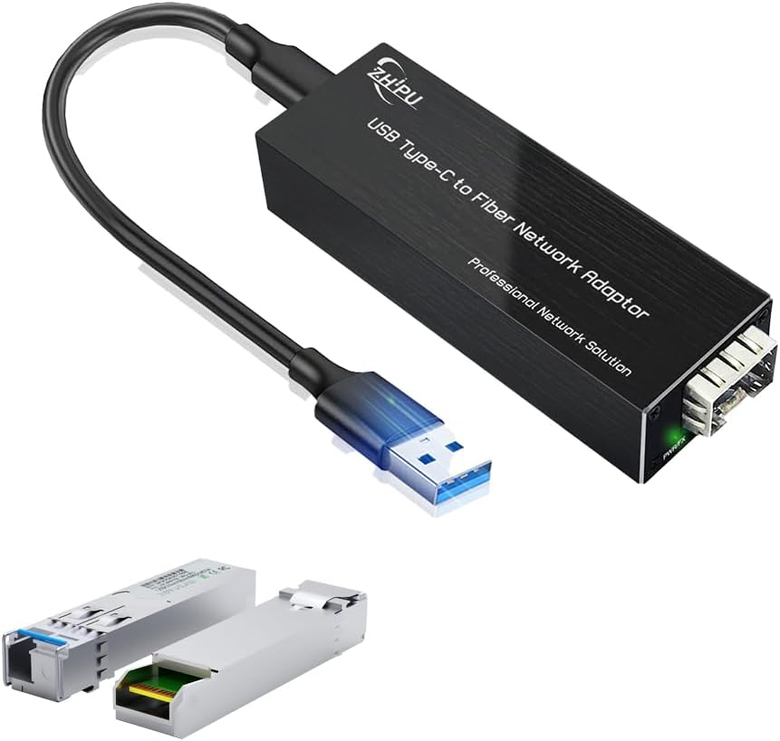 USB C to Fiber Network Adaptor,USB3.0 Type C to 100/1000base-X SFP Gigabit Network Card,Equipped with 2 Pack 1.25G Single-Mode Dual-Fiber Module,20km Transmission
