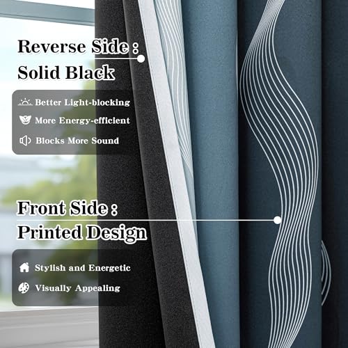 Image of MYSKY HOME Grey and Greyish White 95% Blackout Ombre Curtains 84 inch Long 2 Panels Set for Living Room Bedroom Black Out Thermal Insulated Energy Saving Wave Line Foil Print Grommet Drapes, 52 inch W