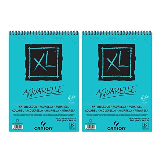 Canson XL Aquarelle Cuaderno de papel para dibujo, con espiral superior, 30 hojas, grano fino, 300 g, A4, color blanco – Lote de 2