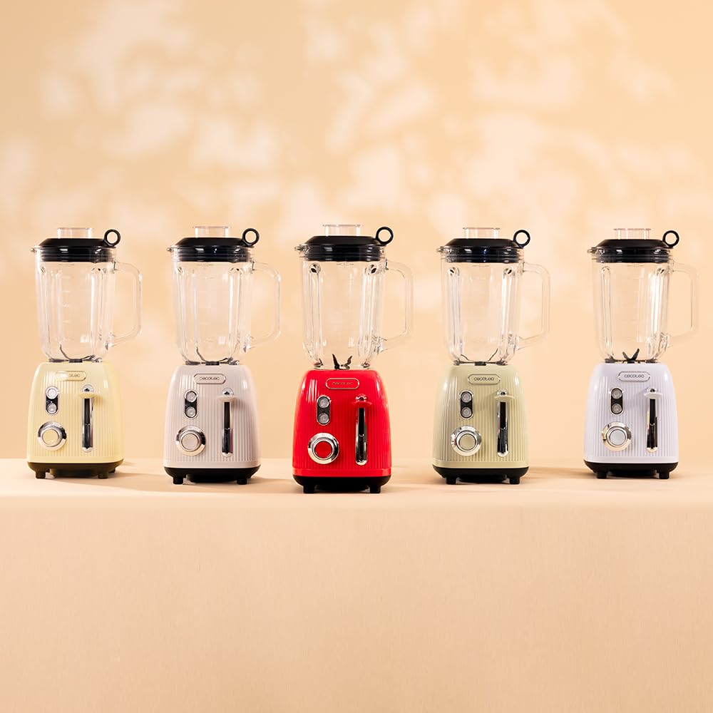 Cecotec Mixeur en verre Power Black Titanium RetroBeige. Mixeur rétro d'une puissance maximale de 1200 W, lame à 4 feuilles avec revêtement en titane noir et pichet d'une capacité de 1,5 L