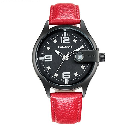 Montre quartz étanche LULI avec cadran rond et bracelet cuir rouge élégant