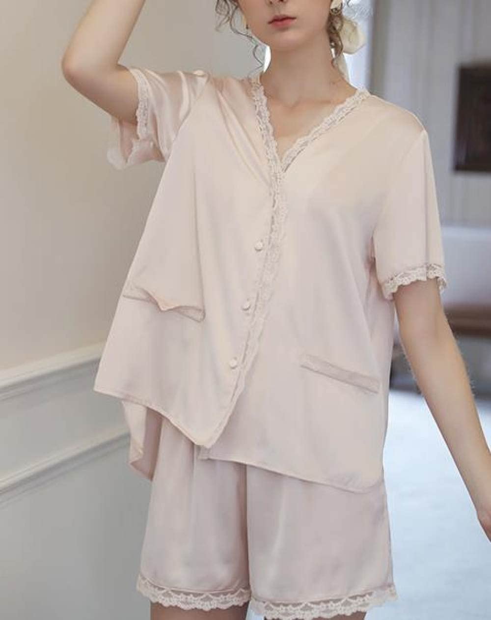 Pigiama Da Donna In Due Pezzi,Vestiti Estivi Per Donna, Set Pigiama Sexy In Seta Di Ghiaccio, Pigiama A Due Pezzi Con Scollo A V Rosa Con Rifiniture In Pizzo, Pigiama A Due Pezzi, Regalo Per Le Donn