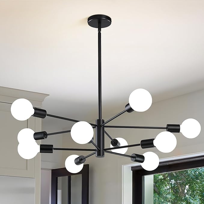 【Lampadario Moderno】Questo lampadario ha una struttura in metallo nera e dorata ed è dotato di 10 bracci illuminanti minimalisti. La sua struttura robusta e il telaio regolabile combinano estetica e funzionalità.
