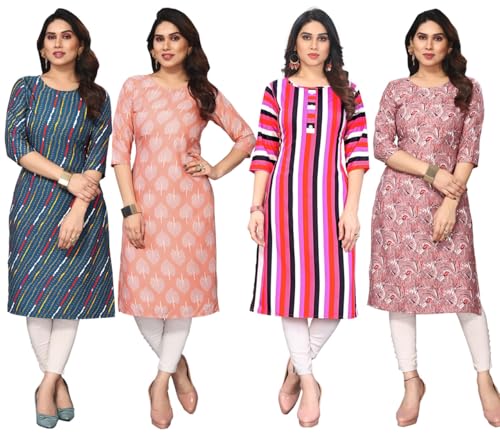 Image of JAKHANA Women's Crepe Printed Casual Straight Calf Length Round Nick Kurta Pack of 4