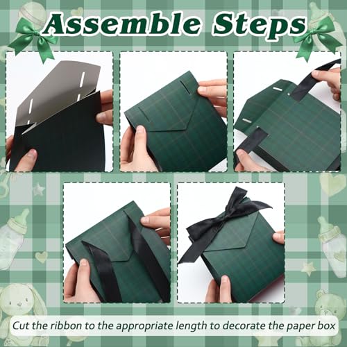 Soaoo 24 Pcs Green Blue Tartan Plaid Gift Bags Tartan Wrapping Paper Bags with Ribbon Bow for Baby Shower Candy Cookies and Party Supplies Wedding Birthday Holiday Goodies(6.3 x 5.5 x 2.36 Inches) — view 3