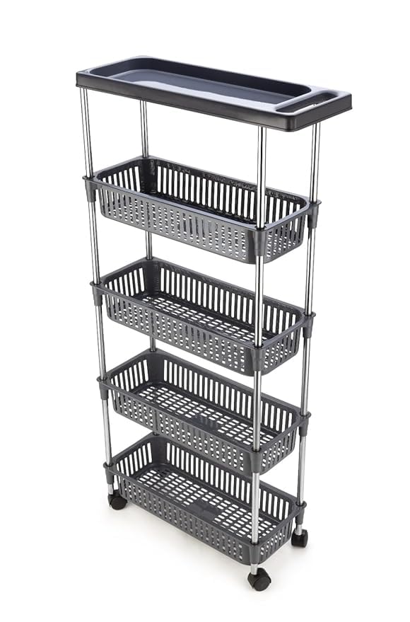 KITCHIVO™ Multipurpose Storage Organizer Slim Rack Shelf with Wheels for Living Room, Office, Bedroom, Bathroom, Kids Room, Kitchen Trolley (Slim Rack, 4+1 Layer Rack)-image-42