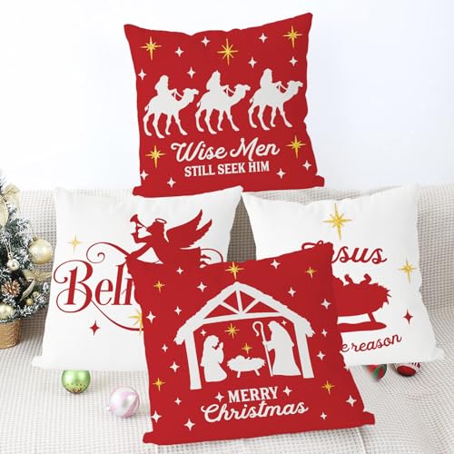 Gagec NATIVITY 4PILLOW-2 Christmas Pillow Covers 20X20 Inch Set Of 4 Navitity Religious Throw Pillow Covers Red And White Christmas Xmas Winter Pillowcase Home Decor Living Room House Decorative Cushion Case thumb #3