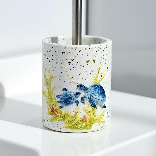 Image of 13-inch Cute Turtle Toilet Brush Holder - Resin Terrazzo Bowl Cleaner Set with Bottle, Blue Bathroom Storage Organizer