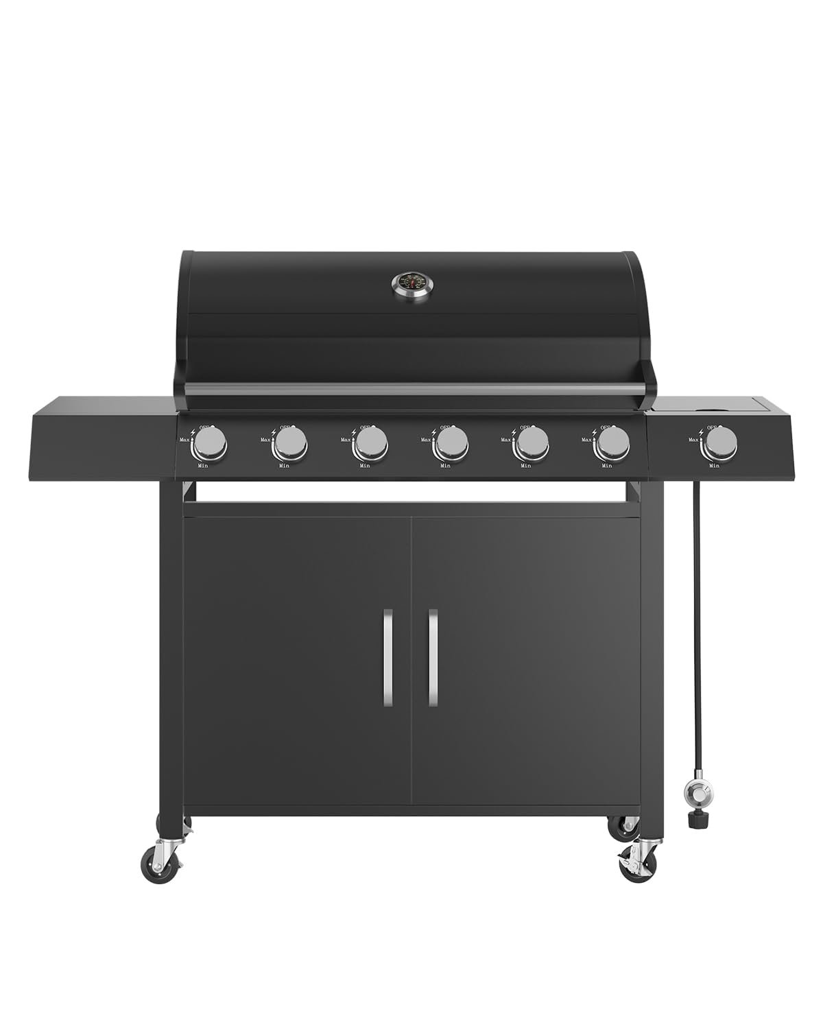 Garvee Gasgrill Mit 6+1 Brennern, 60.000 BTU, Seitenbrenner & Unterschrank | Edelstahl Gusseisenroste Warmhalterost Thermometer Rollen – Wetterfest für Garten & Terrasse