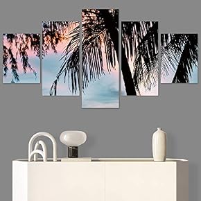 SIGNWIN 5 Panel Canvas Wall Art Palm Tree...