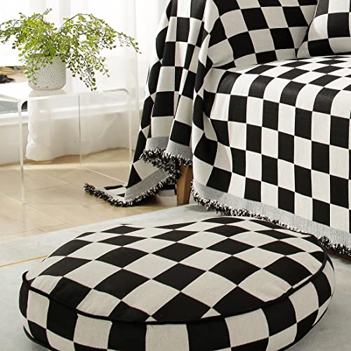 Vctops Black And White Buffalo Plaid Chair Round Floor Pillow Soft Chenille Thicken Meditation Pillow Tatami Floor Chair Cushion For Yoga Living Room Balcony Office (Black,24"X24") #TOP6