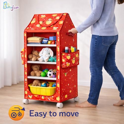 Image of Multipurpose Baby Wardrobe Organizer with 4 Shelves | Baby Clothes Organizer & Storage | Baby Almirah /Almera Plastic Cupboard for Clothes, Foldable (Unbreakable Material) | Cherry Red