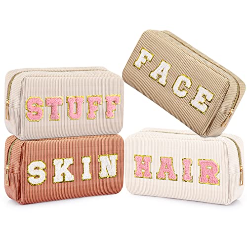 4 Pcs Preppy Patch Makeup Bag Corduroy Cosmetic Bag Makeup Accessories Skincare Pouch Chenille Letter Portable Zipper Face Pouch Cute Toiletry for Women Travel(Pink, Brown Series Color)