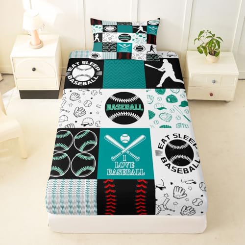 Image of Castle Fairy Baseball Bed Sheet Set for Kids,Sports Geometric Grid Green Sheets Set,Patchwork Baseball Home Decor Sheet Sets with Deep Pocket,Top Flat Sheet,Twin Size