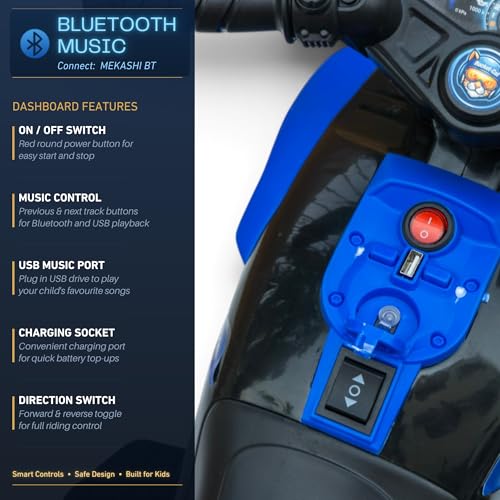 Image of MEKASHI 6V Electric Ride-On Bike for Kids with Bluetooth Music (Blue) | Realistic styling with LED headlight, rechargeable battery & smooth ride performance for toddlers aged 1-4 years