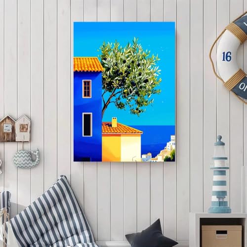 Póster mediterráneo de casa azul con vistas al mar de verano 3