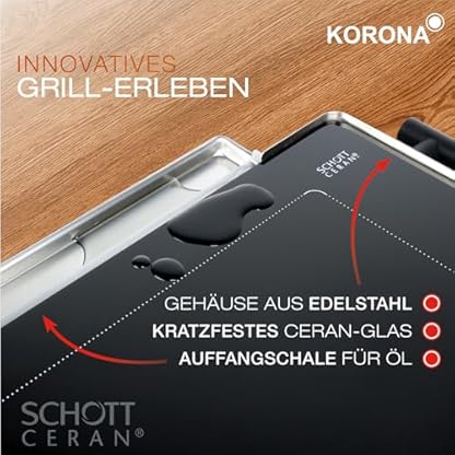 Korona 46100 Glas-Tischgrill | 2 in 1 Tischgrill und Warmhalteplatte | 800 Watt | Edelstahlgehäuse | 50-240 °C einstellbar | Grillfläche aus deutscher SCHOTT-Glaskeramik – Bild 7