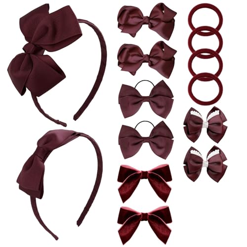 phnydreg Girl Dark Red Hair Bow Accessories 14 Pieces Uniform Hair Bows Hair Clips Headband for School Toddler Girls
