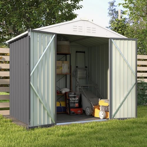 Image of Patiowell 8x6 FT Outdoor Storage Shed, Garden Storage Shed | Metal Outdoor Sheds with Sloping Roof & Double Lockable Door for Backyard Garden Patio Lawn, Gray